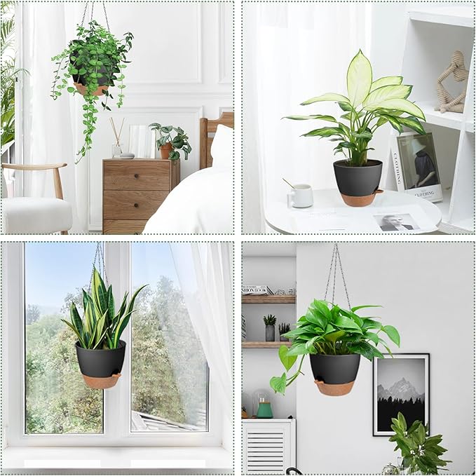 Hanging Planters for Indoor Outdoor Plants, 2 Pack Self Watering Hanging Pot with Drainage Holes & Removable Tray (Black, 6'')-Ruum Studio Home