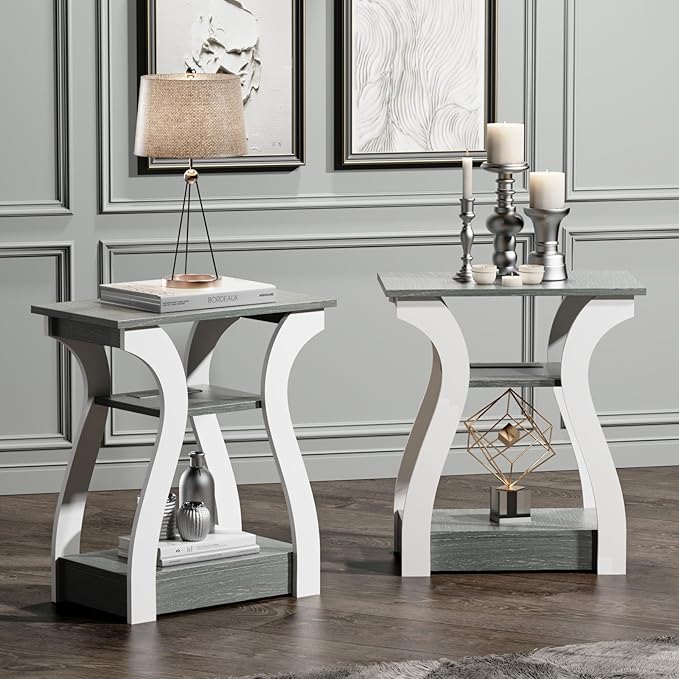 End Tables Living Room Set of 2,Grey End Table with Charging Station,Grey Side Table, Nightstand for Bedroom, 3 Tier End Table with Storage Shelf for Living Room-Ruum Studio Home
