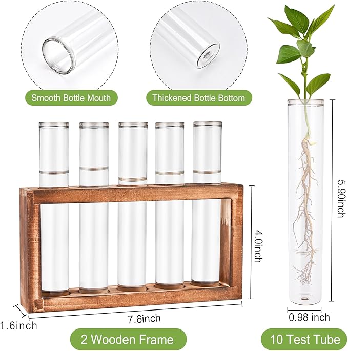2pcs Desktop Glass Plant Propagation Station with 10 Test Tubes in Wooden Stand - Hydroponic Plants Cutting Office Home Decoration and Garden Decor Terrarium (10 Tubes)-Ruum Studio Home