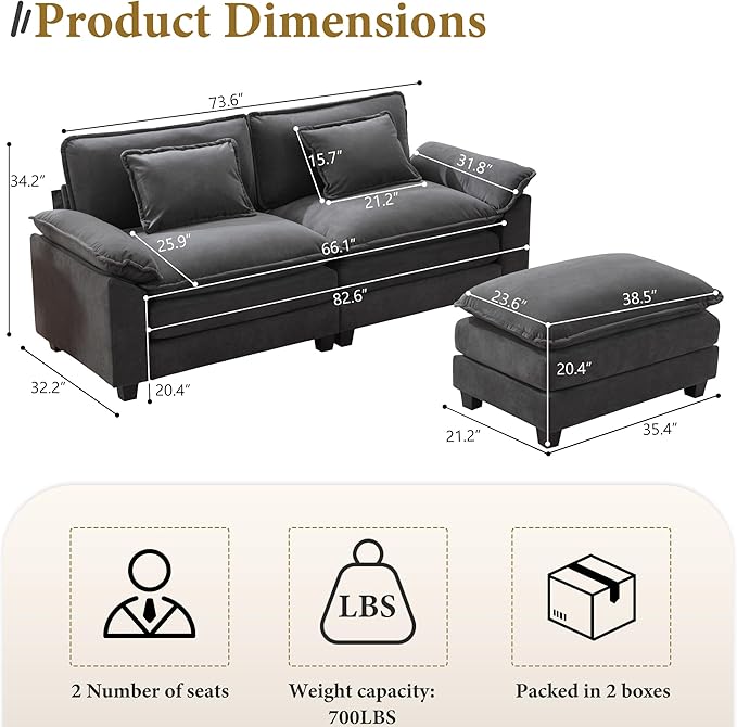 URRED Modular Sectional Sofa Comfy Cloud Couch, Modern Velvet Sofa Sleeper Deep Seat Couches with Ottoman/Pillows for Living Room (Dark Gray, 82.6''- L Shape)-Ruum Studio Home