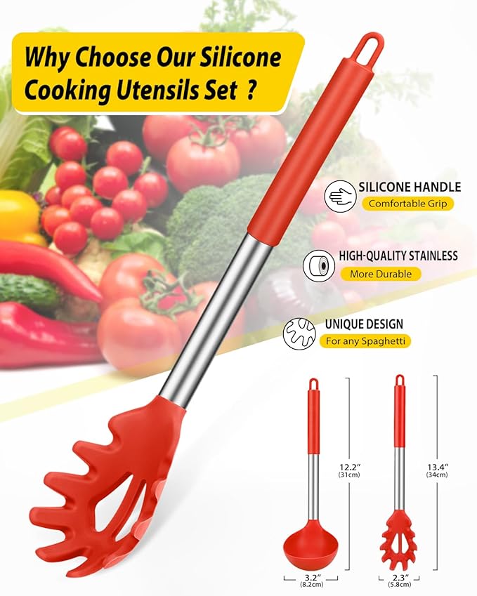 Silicone Pasta Fork and Ladle Spoon Set, Large Non Stick Kitchen Utensils for Cooking,Stirring,Serving Spaghetti, Soup, Sauce (RED)-Ruum Studio Home