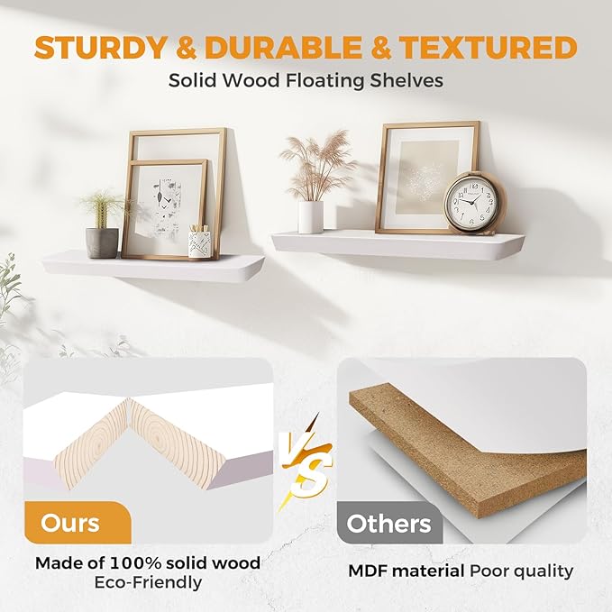 16"x6.8"x1.6" Slanted Floating Wall Shelves 2-Pack - Rustic White Finish, Heavy-Duty Solid Wood Design with Hidden Brackets - Perfect for Living Room, Kitchen, Bathroom, or Office-Ruum Studio Home