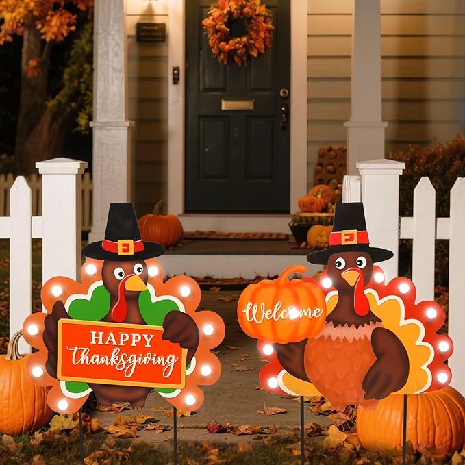 2 PCS Fall Decorations Outdoor Metal Happy Thanksgiving Decorative Garden Stakes with Led Light Welcome Pumpkin Turkey Yard Signs Fall Harvest Lawn Garden Lawn Pathway Decor-Ruum Studio Home