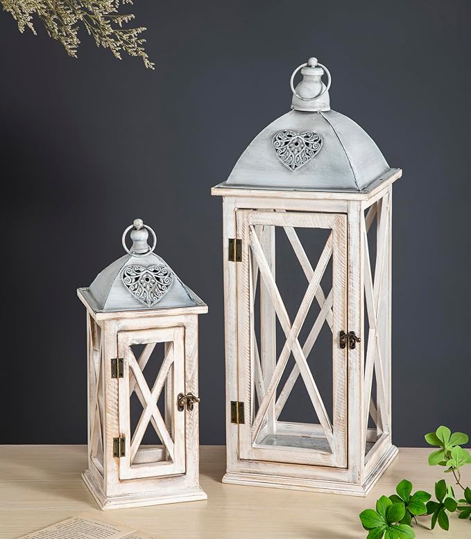 Set of 2 Large Farmhouse Wooden Metal Lanterns, Rustic Decorative Floor Candle Lanterns, Whitewash Distressed Hanging Lanterns for Home Decor (No Glass)-Ruum Studio Home