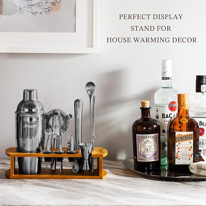 KITESSENSU Cocktail Shaker Set Bartender Kit with Stand | Bar Set Drink Mixer Set with All Essential Bar Accessory Tools: Martini Shaker, Jigger, Strainer, Mixer Spoon, Muddler, Liquor Pourers | Black-Ruum Studio Home