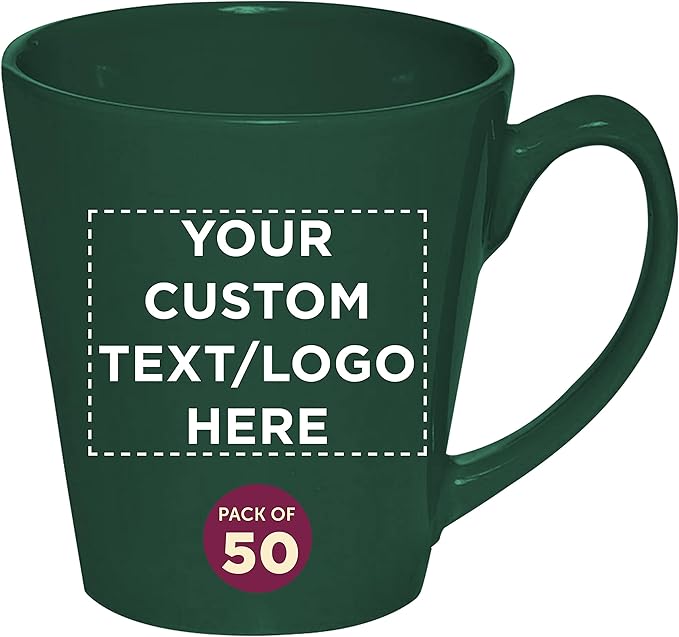 DISCOUNT PROMOS Custom Glossy Ceramic Latte Coffee Mug 12 oz. Set of 50, Personalized Bulk Pack - Perfect for Tea, Espresso, Cappuccino, Hot Cocoa - Green-Ruum Studio Home