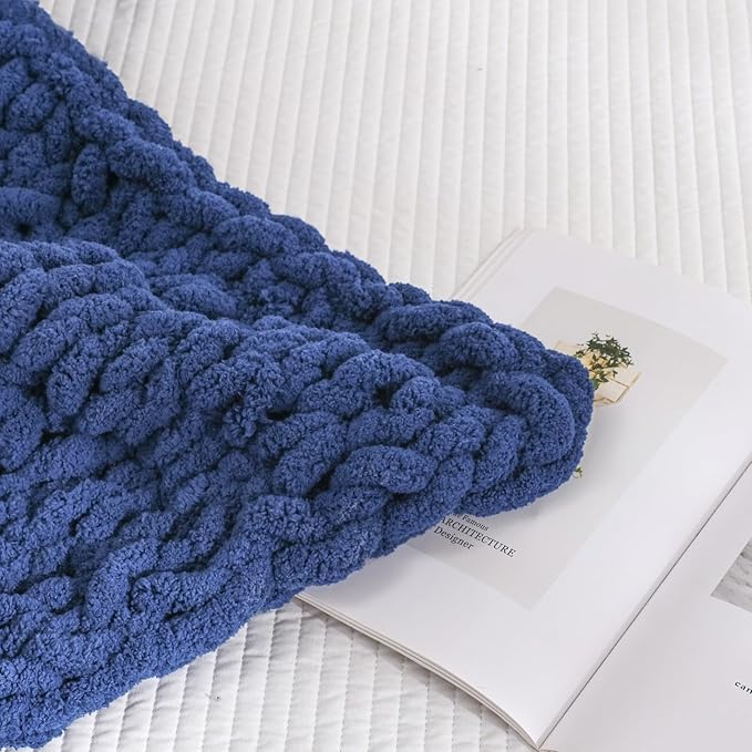 WESHIONGOO Chunky Knit Blanket Throw 50"×60" Knitted Throw Blankets for Couch Bed Fluffy Soft Blanket with Jumbo Chenille Yarn Thick 100% Handmade (Navy Blue)-Ruum Studio Home