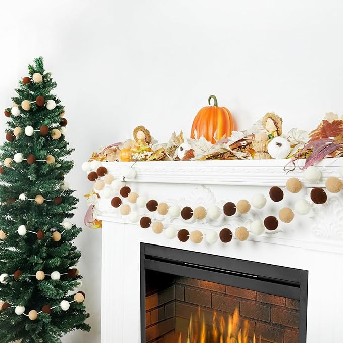 TBD Decor 2pk Pom Pom Garland 13FT Colorful Large Felt Ball Garland Fall Decoration for Mantle,Indoor Holiday Wedding Birthday Party Supplies(White Brown,4cm)-Ruum Studio Home