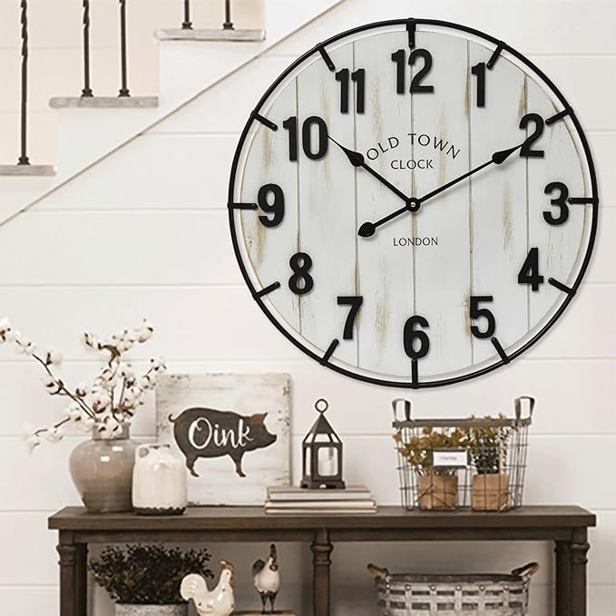 Large Old Town Farmhouse Wall Clock – 24 Inches Rustic Antique Wood with Metal Circle and Large Numerals, Silent Battery Operated Clock for Office, Kitchen, Bedroom, Living Room (Washed White)-Ruum Studio Home