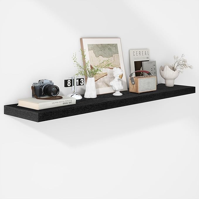 Fun Memories Floating Shelves - 12 Inch Rustic Wooden Wall Shelves - Extra Deeper & Thicker Wall Mounted Storage Shelf for Living Room, Kitchen, Farmhouse - 55" W x 12" D x 1.8" H - Rustic Black-Ruum Studio Home