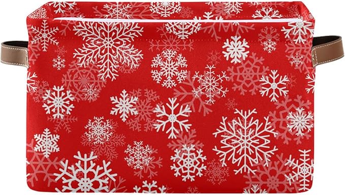 Christmas White Snowflakes on Red Storage Basket Cube Storage Bins Organizer Bag Collapsible Closet Shelf Baskets with handle for Baby Cloth Pet Toy Book 14.2×10.2×8.3 IN-Ruum Studio Home
