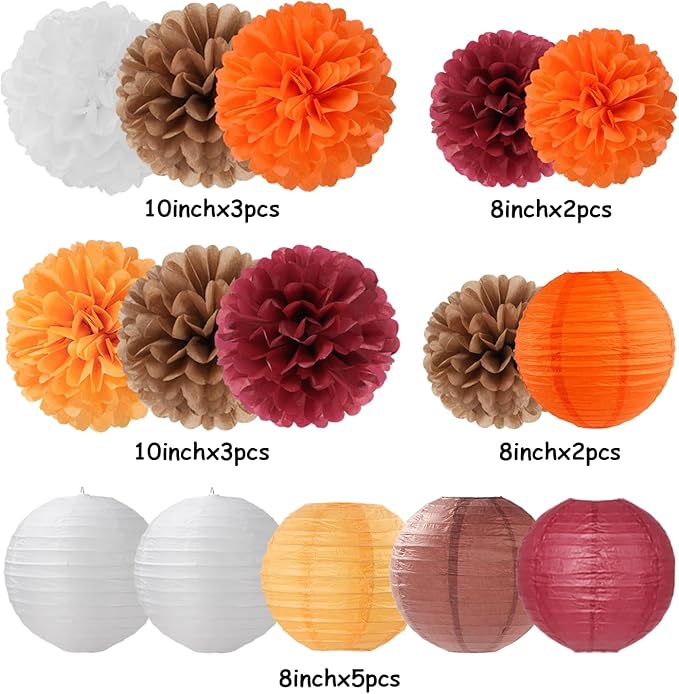 Brown Burgundy-Orange Party-Decorations Paper-Flowers Lanterns - 15PCS Fall Boho Tissue Pom Poms Streamers,Baby Bridal Shower Rustic Wedding Neutral Birthday Coffee Halloween ThanksgivingDecor Hugfond-Ruum Studio Home