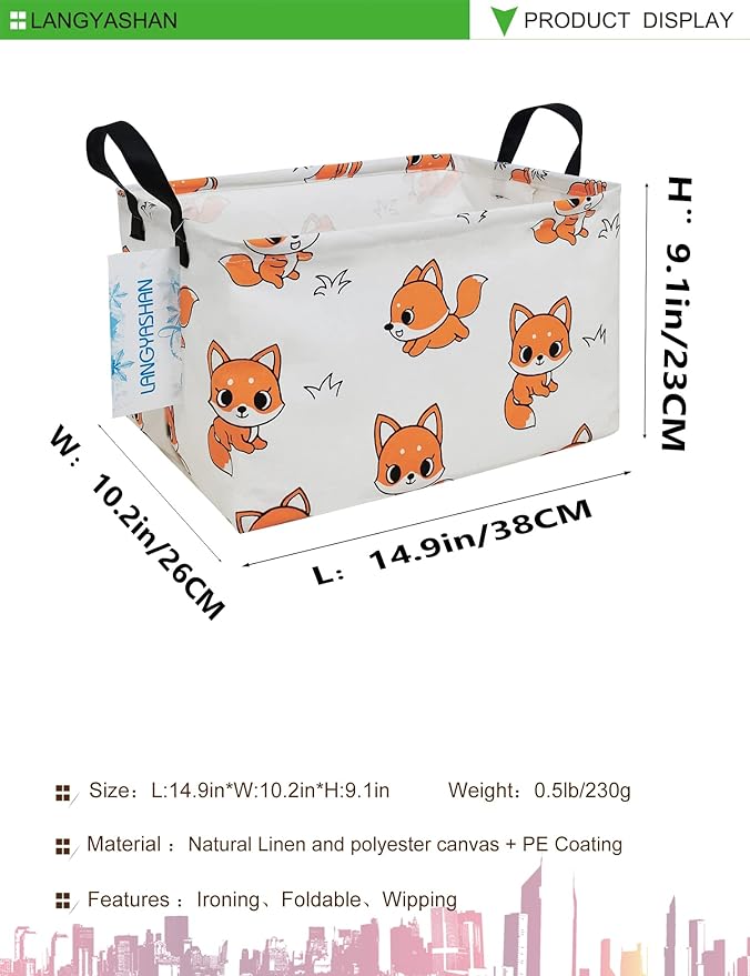 LANGYASHAN Rectangular Storage Bin Collapse Canvas Fabric Cartoon Storage Basket with Handles for Organizing Home Kitchen Boys and Girls Toys Office Closet Shelf Baskets(Rec Fox)-Ruum Studio Home