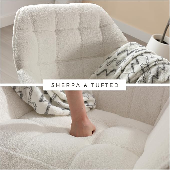 Modern Sherpa Accent Chair with Ottoman Set of 2, Fluffy Upholstered Lounge Chair with Footrest, Comfy Living Room Side Boucle Armchair for Small Space Bedroom, White-Ruum Studio Home
