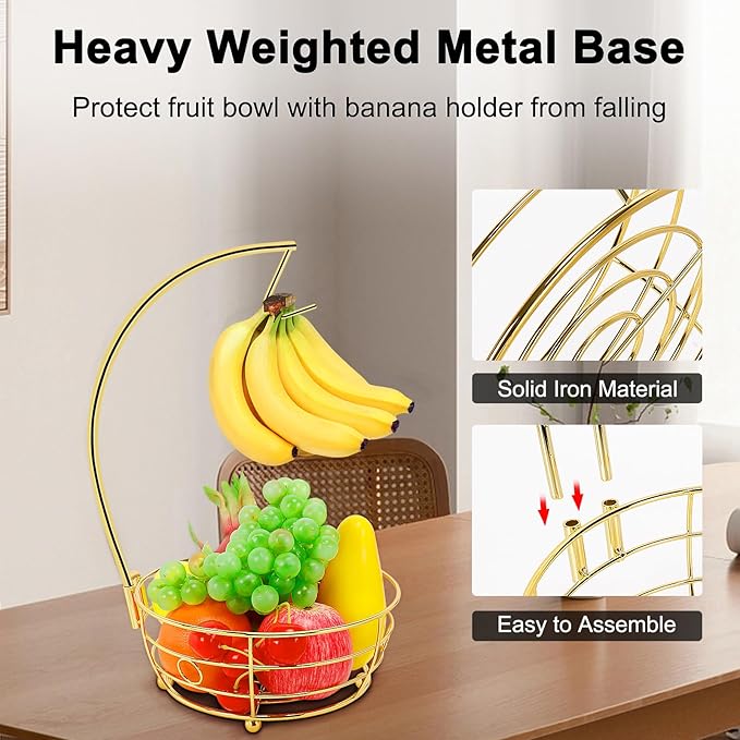 Livabber Countertop Fruit Basket Bowl with Banana Hanger, Modern Standing Fruit Vegetable Bowl Storage, with Banana Tree Holder for Kitchen Dinning Table (Round Metal, Gold)-Ruum Studio Home
