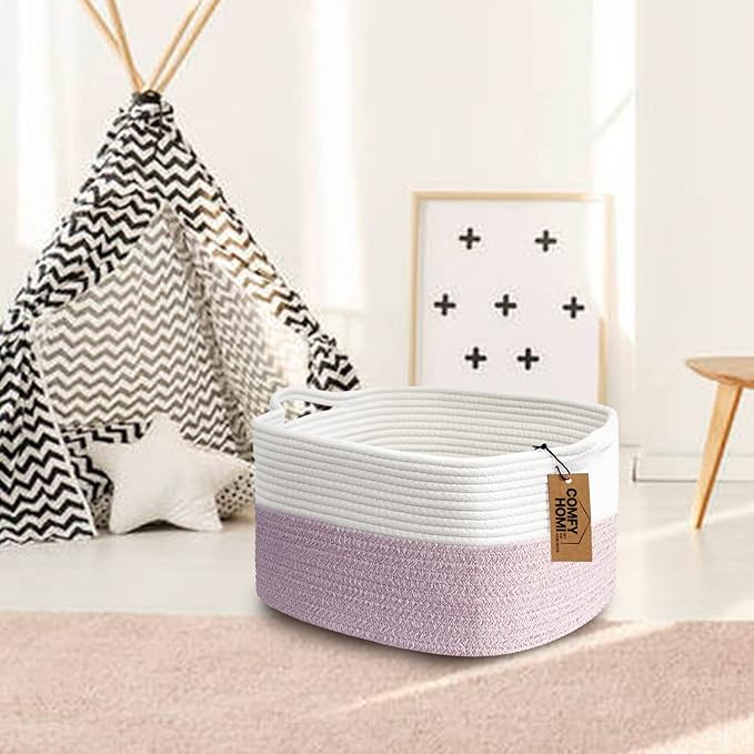 COMFY-HOMI Cotton Rope Woven Medium Basket with Handles for shelf，Cloth Storage Basket for Organizing-13.5X11X9.5 Storage Bin for Bedroom, Newborn or Infant Gift for boy girl （White/Pink）-Ruum Studio Home