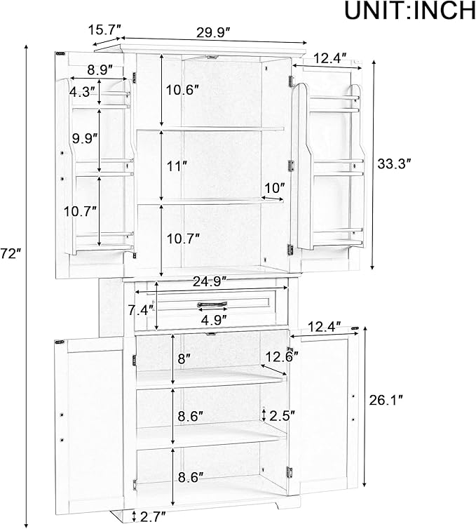 72.2" Tall Storage Cabinet with 4 Doors and Drawer, Freestanding Linen Cabinet, Wooden Pantry with Adjustable Shelf for Kitchen, Bathroom, Living Room Black-Ruum Studio Home