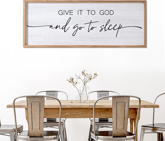 Give It to God and Go to Sleep Decorative Rustic Sign & Plaque Framed Wall Art for Couples, 40''×15'' Vintage Cottagecore Wooden Horizontal Wall Decor Above Bed, Farmhouse Wedding Gift for Bedroom-Ruum Studio Home