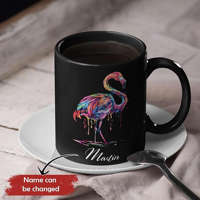 Beautiful Flamingo Animal Mug, Customized Name Flamingo Coffee Cup, Personalized Flamingo Lover Black Mug, Gift For Girlfriend, Colorful Animal Cup, Custom Flamingo Ceramic Cup 11oz 15oz-Ruum Studio Home