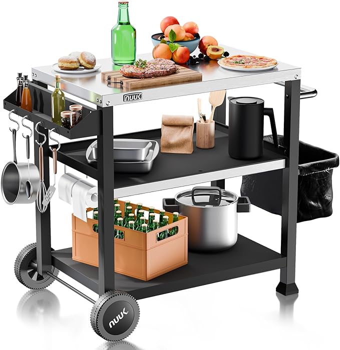 NUUK 3-Shelf Grill Cart with Stainless Steel Top – 20" x 32" Mobile Outdoor Kitchen Table for Pizza Oven, Food Prep, and Dining – Worktable with Wheels,-Ruum Studio Home