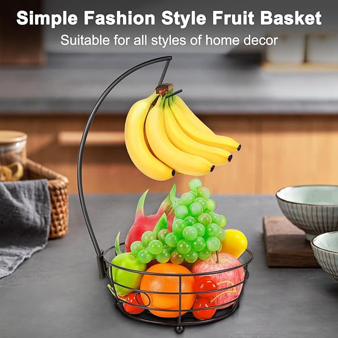 Livabber Countertop Fruit Basket Bowl with Banana Hanger, Modern Standing Fruit Vegetable Bowl Storage, with Banana Tree Holder for Kitchen Dinning Table (Round Metal, Black)-Ruum Studio Home