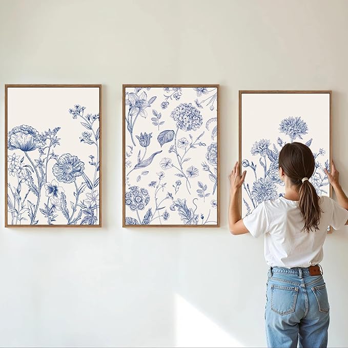 Tinonedraw Large Classic Chinoiserie Flower Framed Canvas Wall Art Set, Navy Blue and White Floral Wall Decor, Minimalist Neutral Botanical Art Printing for Living Room Bedroom Office Dorm 16"x24"x3-Ruum Studio Home