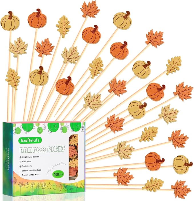 Fall Cocktail Picks Pumpkin Maple Leaf Assorted Autumn Theme Toothpicks Fruit Drinks Dessert Sticks Food Sandwich Appetizer Charcuterie Skewers, for Thanksgiving Decorations Party Supplies (100)-Ruum Studio Home