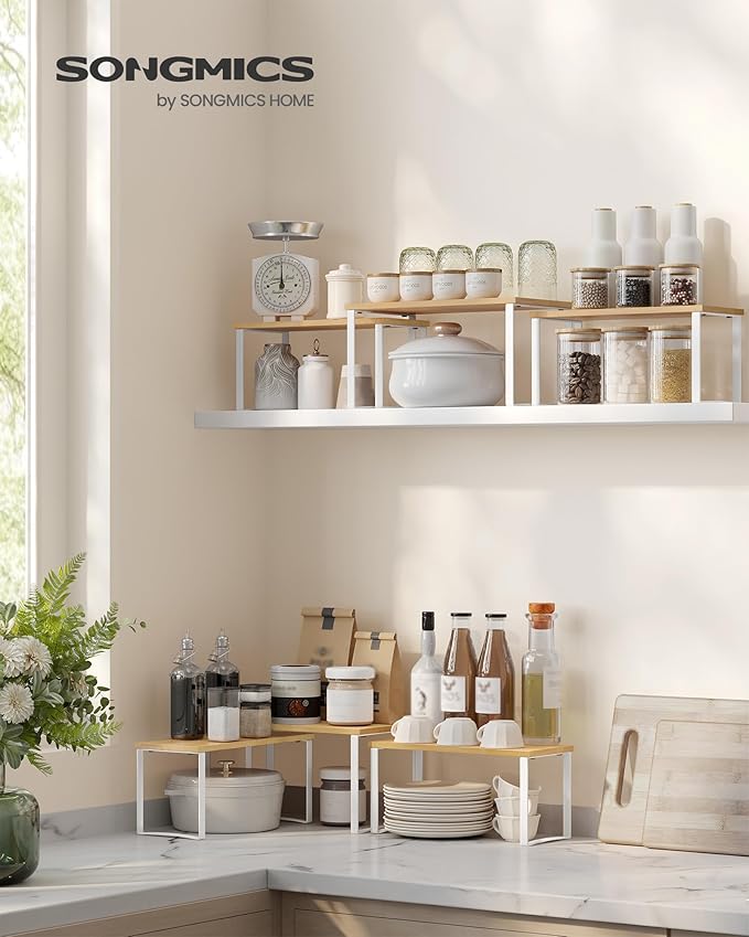 SONGMICS Cabinet Organizer Shelf, Set of 3 Kitchen Counter Shelves, Kitchen Storage, Spice Rack, Stackable, Expandable, Cloud White and Natural Beige UKCS014W01-Ruum Studio Home