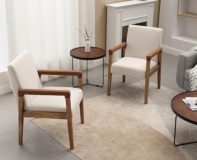 Kmax Modern Dining Chairs Set of 2 Linen Fabric Kitchen Arm Chairs Upholstered Accent Chairs with Wooden Legs for Dining Room, Living Room, Bedroom, White-Ruum Studio Home