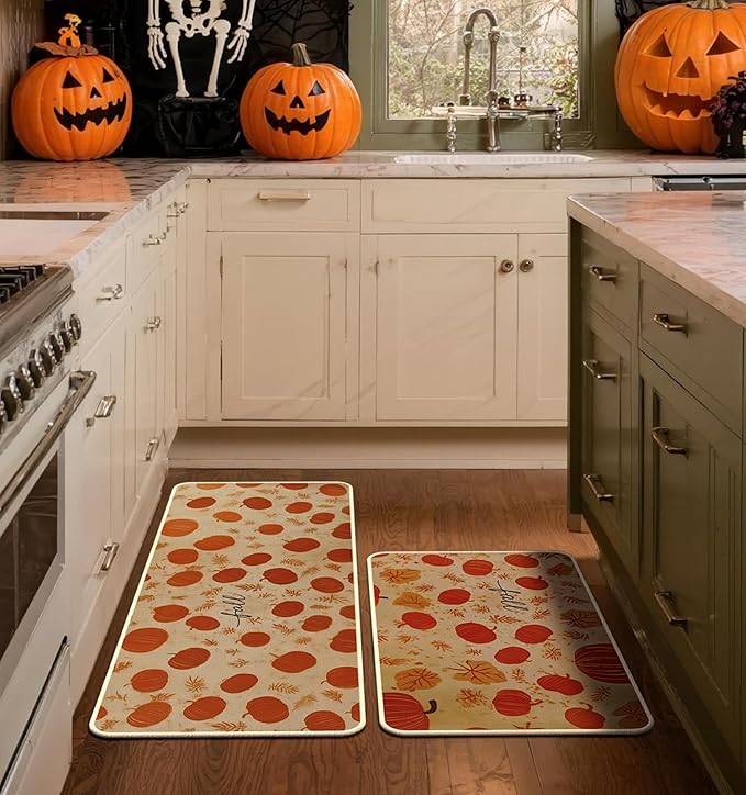 Halloween Kitchen Mat Set of 2, Pumpkin Kitchen Halloween Decor, Fall Decorations for Home, Halloween Rug for Floor,Indoor Home Decor with Non-Slip Backing,17 x 29 Inch & 17 x 47 Inch-Ruum Studio Home