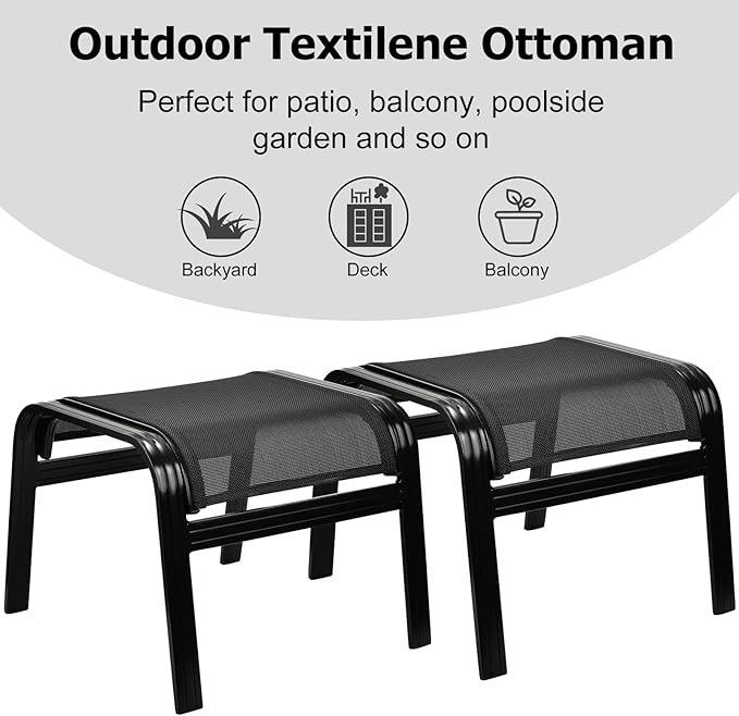 Patio Footstools Outdoor Foot Rest Aluminum Patio Ottomans Portable Seat Wicker Furniture Stackable Ottoman 2 Pieces Black-Ruum Studio Home
