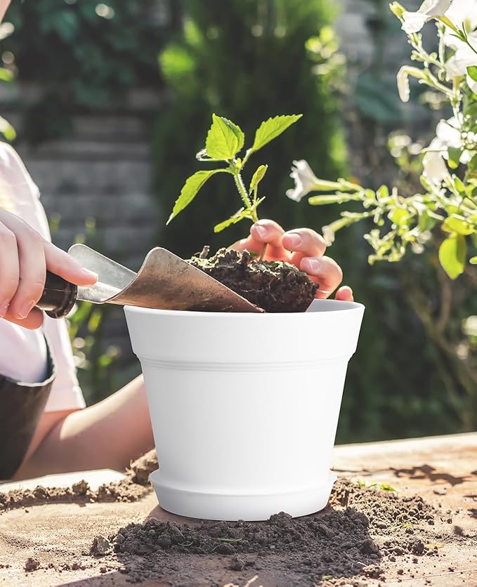 homenote Plant Pots,6 Inch Flower Pots for Plants Plastic Planters for Indoor with Multiple Drainage Holes and Trays, for All Home Garden Flowers Succulents,Outdoor(White&Black,16 Pack)-Ruum Studio Home
