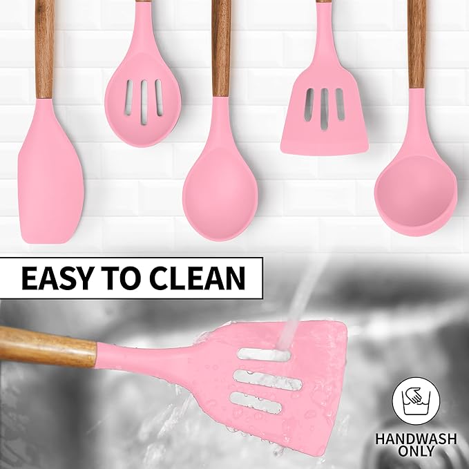 Zulay Kitchen Non-Stick Cooking Utensils Set with Authentic Acacia Wood Handles – 5-Piece Durable & Stylish Silicone Kitchen Utensils Set – Heat Resistant to 464°F – Pink-Ruum Studio Home