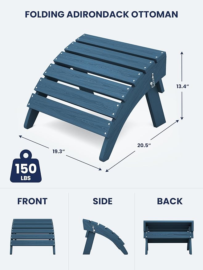 KINGYES Folding Adirondack Ottomans Set of 2 for Adirondack Chair, Navy-Ruum Studio Home