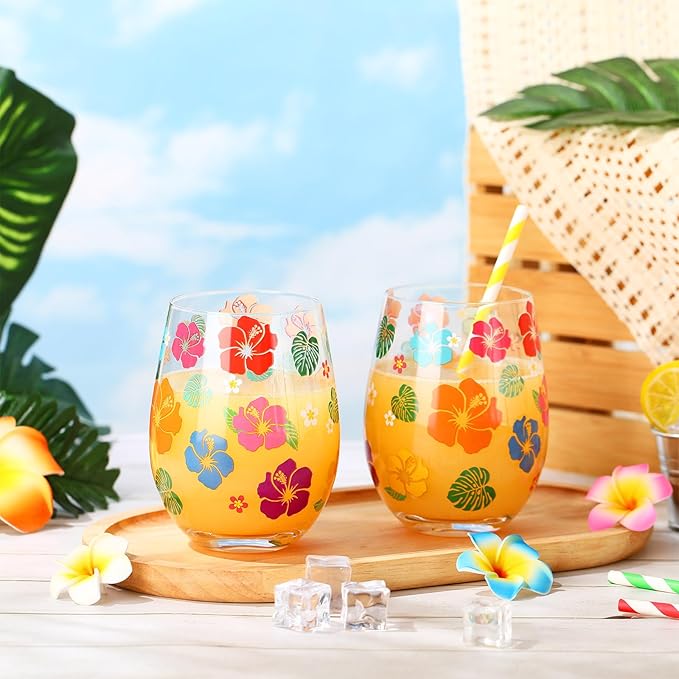 Sliner 2 Pack 17oz Summer Hawaiian Stemless Wine Glasses Aloha Stemless Wine Glass Luau Colorful Flowers Leaves Tumbler Cups for Hawaiian Tiki Party Supplies Birthday Gift-Ruum Studio Home