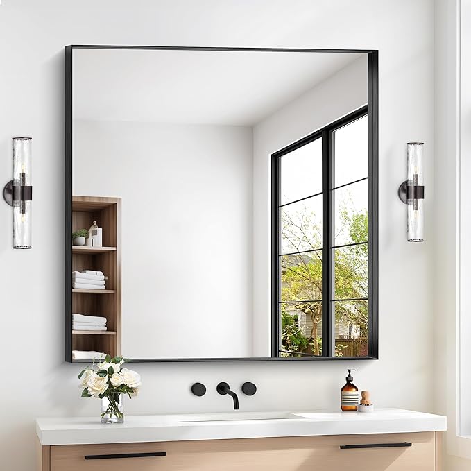 Black Bathroom Mirror, 42x42 Inch Rectangular Framed Mirror, Large Wall Mounted Bathroom Vanity Mirror Over Sink for Bedroom,Restroom, Living Room, Hangs Vertically or Horizontally-Ruum Studio Home
