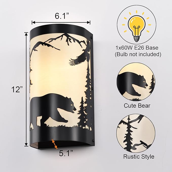Wall Sconce Light,Bear Metal Cream Parchment Farmhouse Wall Sconces Set of Two,Rustic Black Matte Hallway Sconces Wall Lighting,Vintage Wall Mount Lamp,Wall Lights for Living Room,Bedroom-Ruum Studio Home