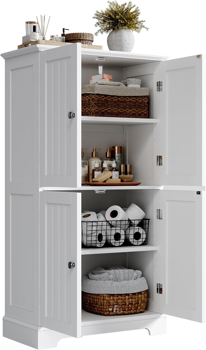 ChooChoo Bathroom Floor Cabinet, Modern Bathroom Storage Cabinet with 4 Doors and Adjustable Shelves, Freestanding Cupboard for Living Room, White-Ruum Studio Home