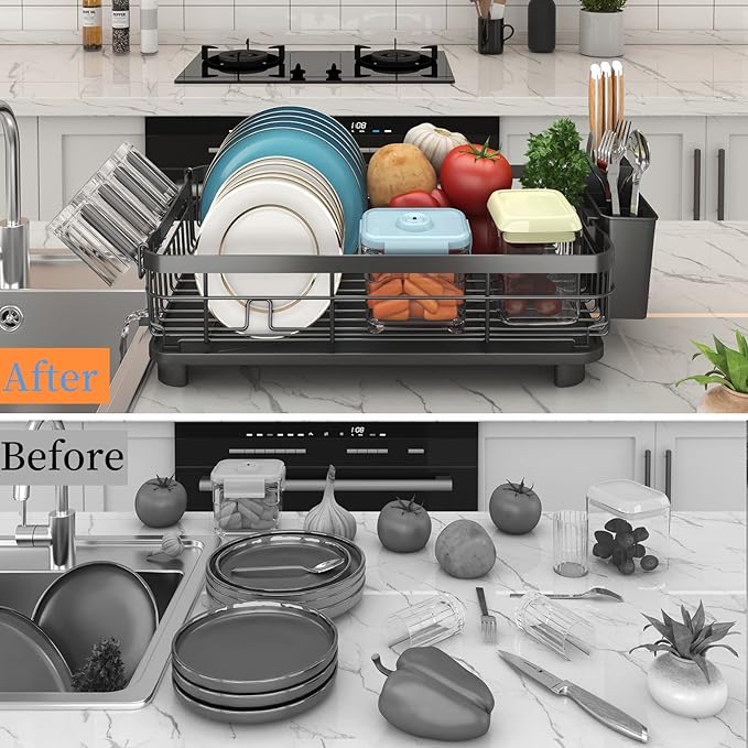 Godboat Dish Drying Rack, Dish Rack with Auto-Drain & Mat, Dish Drainers for Kitchen Counter, Glass Organizer for 4 Cups, 3 Slots Utensil Holder, Gifts for Women Mothers Day, Kitchen Gadgets & Decor-Ruum Studio Home