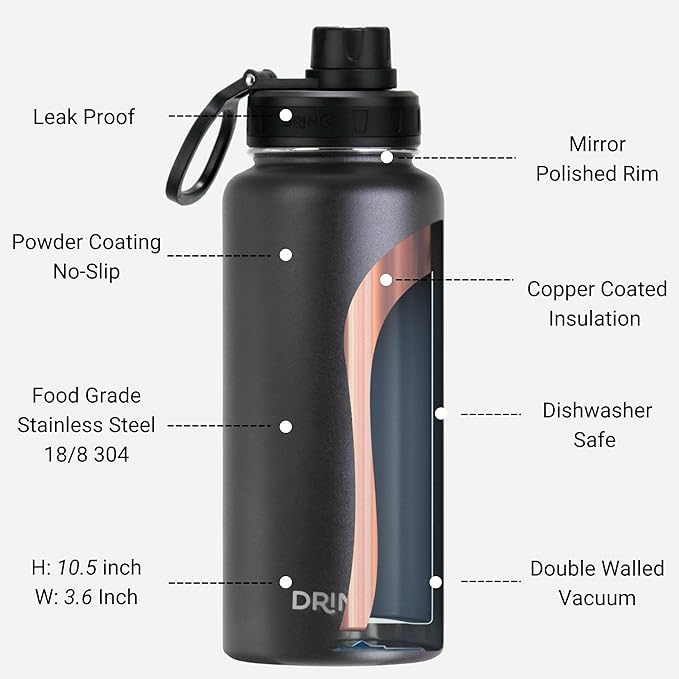 DRINCO Stainless Steel Water Bottle Spout Lid Vacuum Insulated Double Wall Water Bottle Wide Mouth (40oz 32oz 22oz 18oz 14oz) Leak Proof Keep Cold Sport Camping Hiking (32 oz, 32oz Black)-Ruum Studio Home