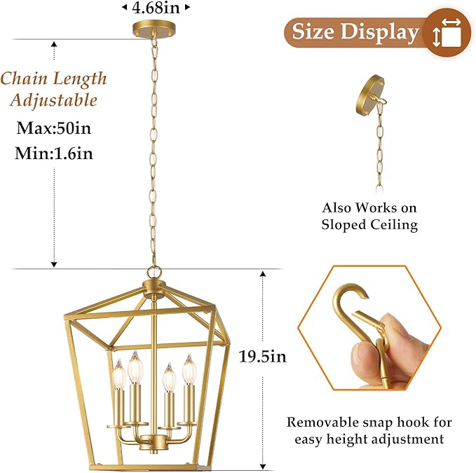 Farmhouse Chandelier 4-Light, Gold Pendant Light Fixture for Kitchen Island Dining Room, Lantern Industrial Lighting Ceiling Hanging with Metal Cage Adjustable Height for Entryway Foyer-Ruum Studio Home