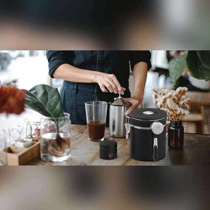 Coffee canister set for ground coffee with Date Tracker,Co2 Valve,Travel jar,Stainless Steel Kitchen Food Airtight storage container for Coffee Beans or Grounds,Tea,Sugar (16oz-Black)-Ruum Studio Home