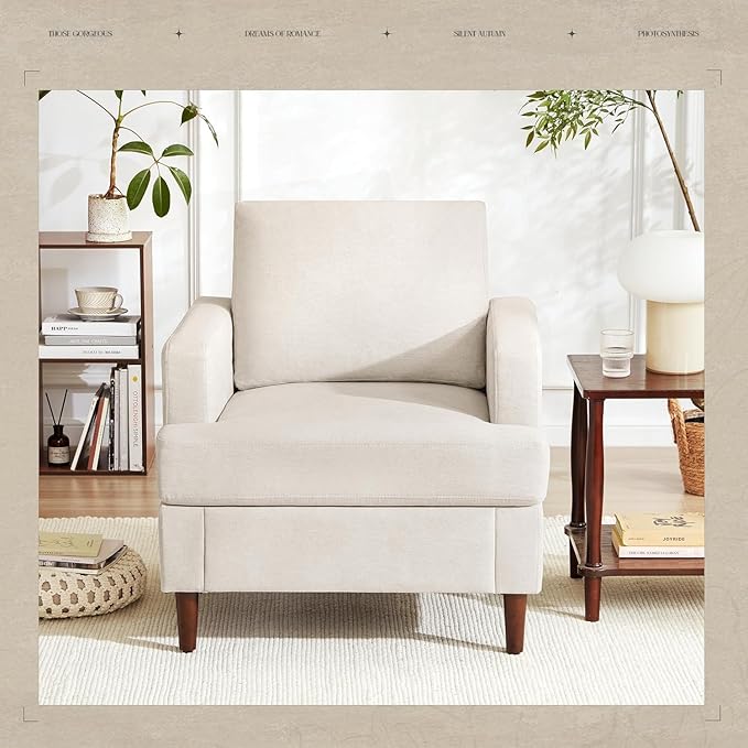 Mid-Century Accent Chair,Modern Linen Fabric Armchair for Living Room,Comfy Upholstered Reading Accent Chairs for Bedroom,Single Sofa Chair with Wood Legs (Beige, 2 Pack)-Ruum Studio Home