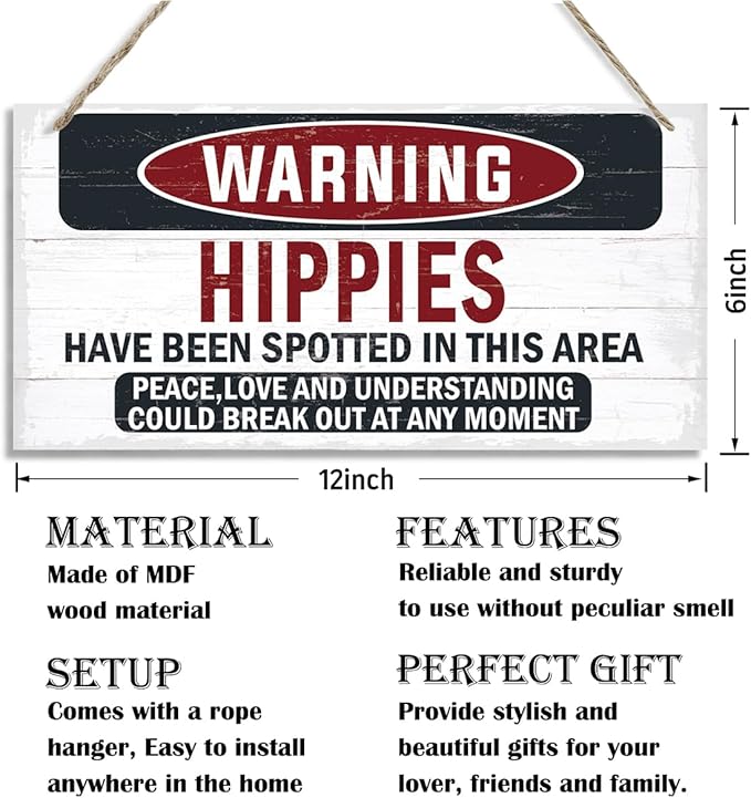 Warning Sign, Hippies Have Been Spotted In This Area Warning Wood Plaque Sign, Funny Door Signs, Decorative Wood Hanging Suspension Plaque, Farmhouse Wooden Wall Decor-Ruum Studio Home