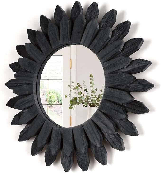 Honiway Black Wall Decor Wall Mirror 12 inch Boho Wall Decor Wood Decorative Mirror for Room Decor Home Decor for Bedroom Living Room Bathroom Kitchen Black-Ruum Studio Home
