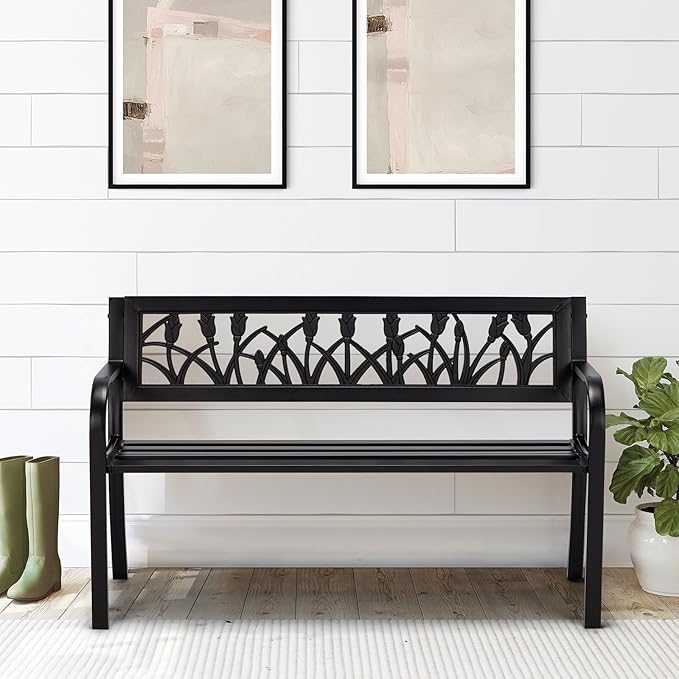 AVAWING Outdoor Bench, 2-Person Garden Benches for Outside, Metal Frame Patio Seating with Floral Pattern Backrest, Armrests for Lawn, Park, Porch, Entryway, Black-Ruum Studio Home