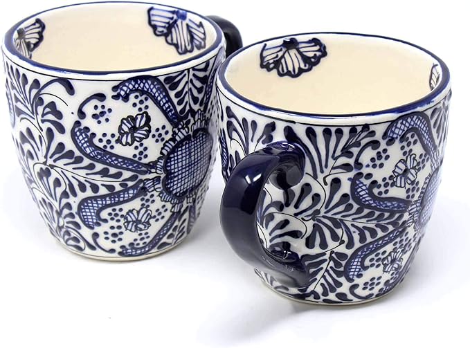 Encantada Handmade Hand-Painted Authentic Mexican Pottery Mugs (Cobalt Blue Flower X2)-Ruum Studio Home