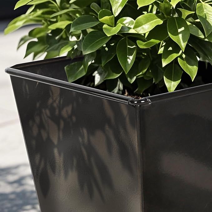 Worth Garden 28" H. Large Metal Glazed Planter Set of 2, Modern Glossy Finish Black Tall Square Tapered Steel Flower Plant Pots for Indoor & Outdoor Use - Insert Plate with Drain Holes, Air Vents-Ruum Studio Home