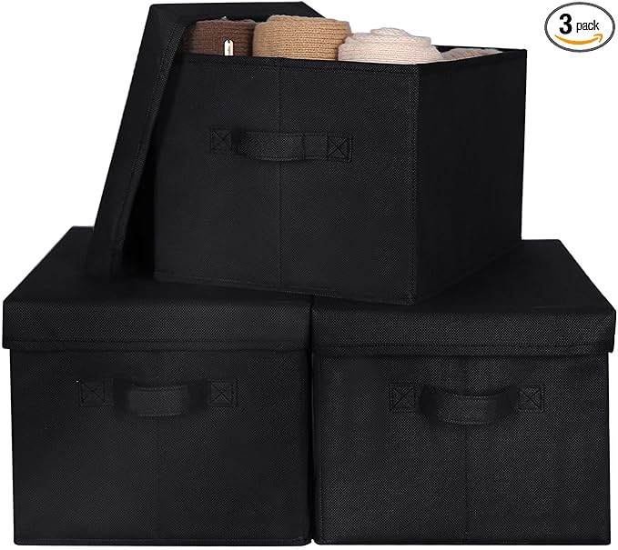 WUIKE 3 Pack Large Fabric Storage Bins with Lids, Decorative Storage Boxes with Handles, Storage Baskets for Shelves, Foldable Storage Containers, Closet Organizers for Towels, Clothes, Black-Ruum Studio Home