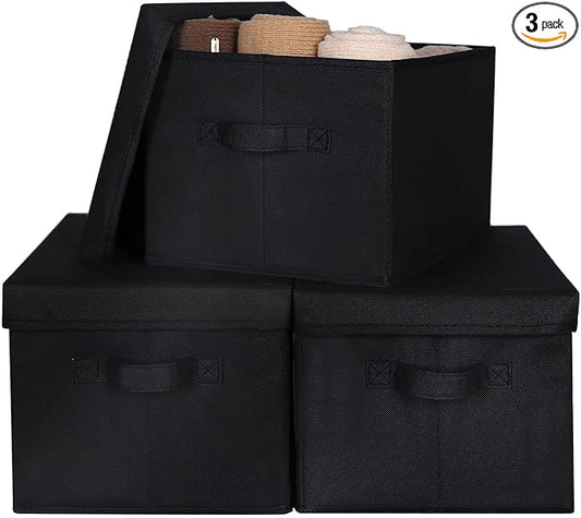 WUIKE 3 Pack Large Fabric Storage Bins with Lids, Decorative Storage Boxes with Handles, Storage Baskets for Shelves, Foldable Storage Containers, Closet Organizers for Towels, Clothes, Black-Ruum Studio Home